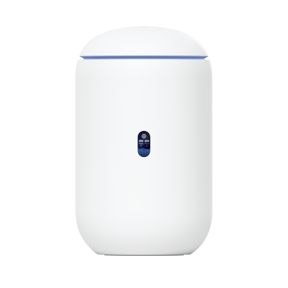 UniFi Dream Router con WiFi 6, 4 puertos LAN Gigabit de los cuales 2 son POE 802.3af. Todas las aplicaciones UniFi preinstaladas. Pantalla LCD