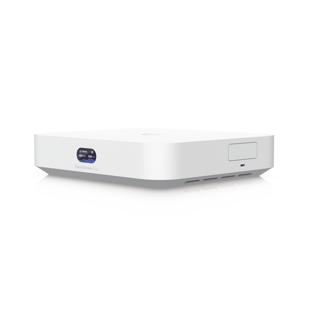 UniFi Cloud Gateway MAX, Router con todos los servicios UniFi, administra hasta 30 dispositivos UniFi y 300 clientes. 1 pto WAN 2.5G, 4 pts LAN 1G (uno configurable como WAN), seguridad IDS/IPS, VPN, bloqueo de apps/URLs, 512 GB memoria interna