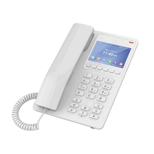Teléfono IP Hotelero con pantalla LCD a color, 2 líneas SIP con 2 cuentas, codec Opus, IPV4/IPV6, color blanco, con gestión en la nube GDMS